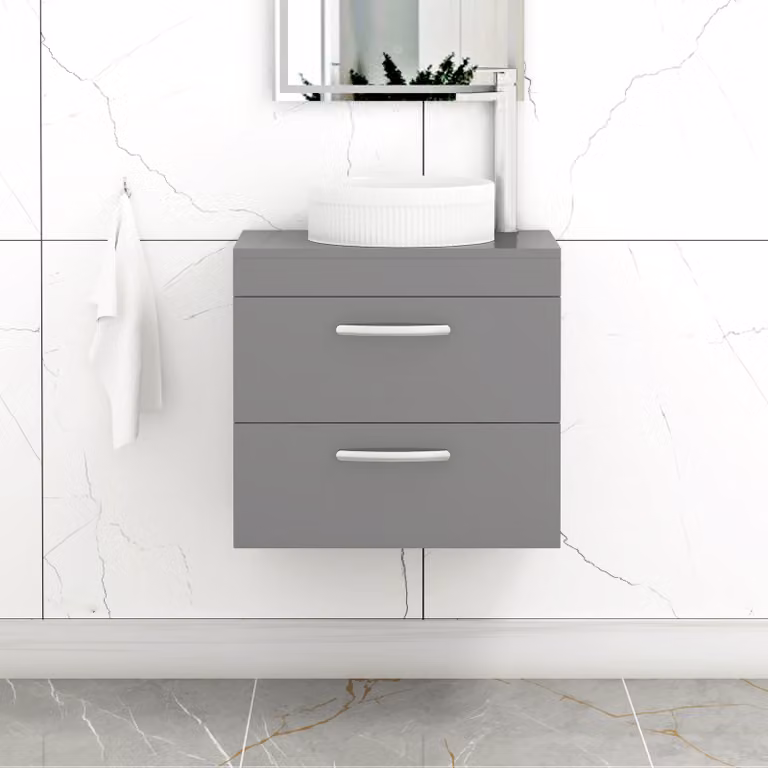 Royal Bathrooms Turin Wall Hung Vanity Unit with 2 Drawers and Round Countertop Basin, Indigo Grey Gloss