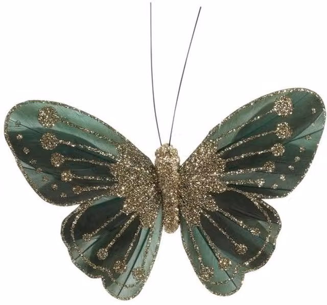 Kingsbury Gifts Pack of 12 Forest Green Feather and Glitter Butterfly Decorations