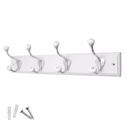 Keypak 4-Hook Wall-Mounted Coat Rack in White with Ceramic Tip Hooks, W: 45.7 cm – 1