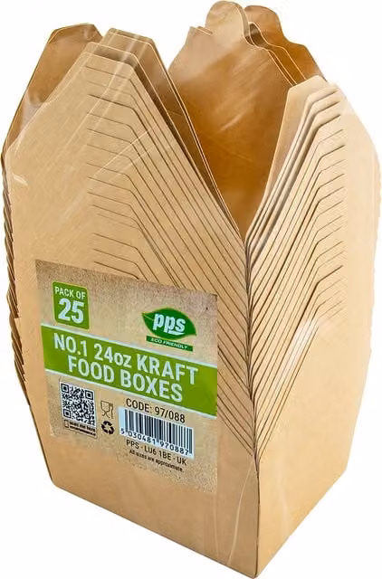 PPS Pack of 25 Stackable Brown Kraft Cardboard Food Boxes