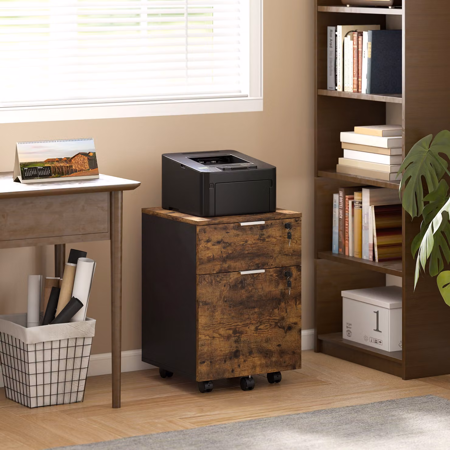 HOMCOM Two-Drawer Lockable Filing Cabinet in Black and Rustic Brown with Castors – 2