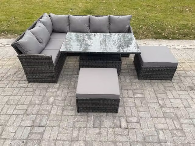 Fimous Outdoor Garden Furniture Set in Dark Grey, featuring a Height Adjustable Rising Lifting Table, Sofa, Dining Set and 2 Large Footstools in PE Rattan