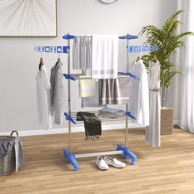 HOMCOM Foldable Clothes Drying Rack with Wing Arms and Wheels, Blue, Height: 152 cm