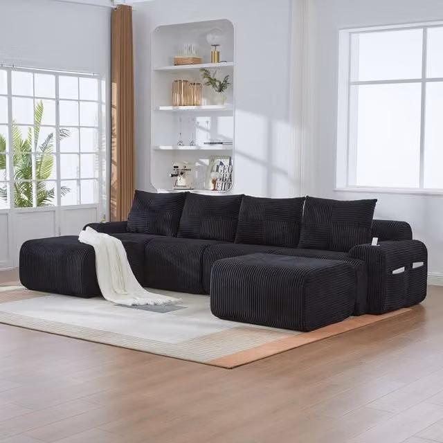 Aosom UK 4-Seater Modular Cord Fabric Sectional Sofa with 2 Ottomans and Integrated Cup Holders, Black, W: 333 cm, D: 174 cm, H: 80 cm – 1
