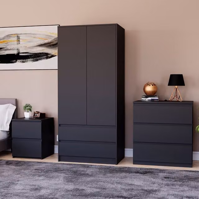 Vida Designs Denver Bedroom Set in Matt Black including 2 Drawer Bedside, 3 Drawer Chest and 2 Door 2 Drawer Wardrobe