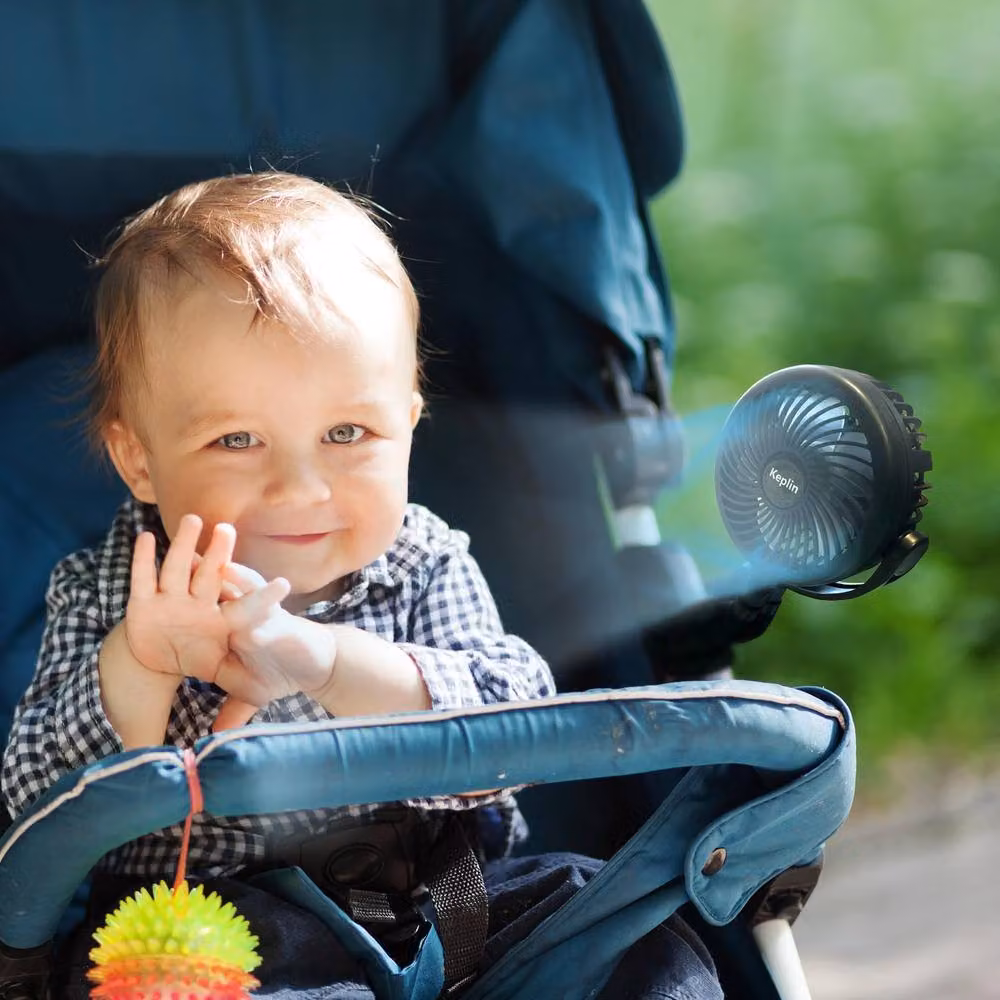 Keplin Portable Rechargeable Mini Stroller Fan in Black with 5000mAh Battery and 3 Speeds – 6