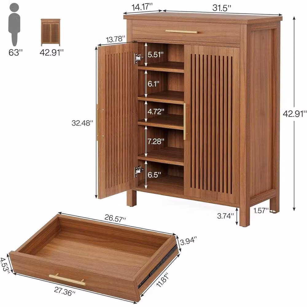 KORVIXA Modern Brown 5-Tier Shoe Cabinet with Hinged Doors and Internal Shelves, W/D/H: 100 x 20 x 100 cm – 2