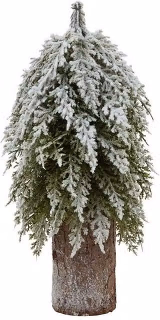 Lemon Pavilion Small Snowy Fir Tree on Tall Wood Log, Brown and Green, Height: 30 cm
