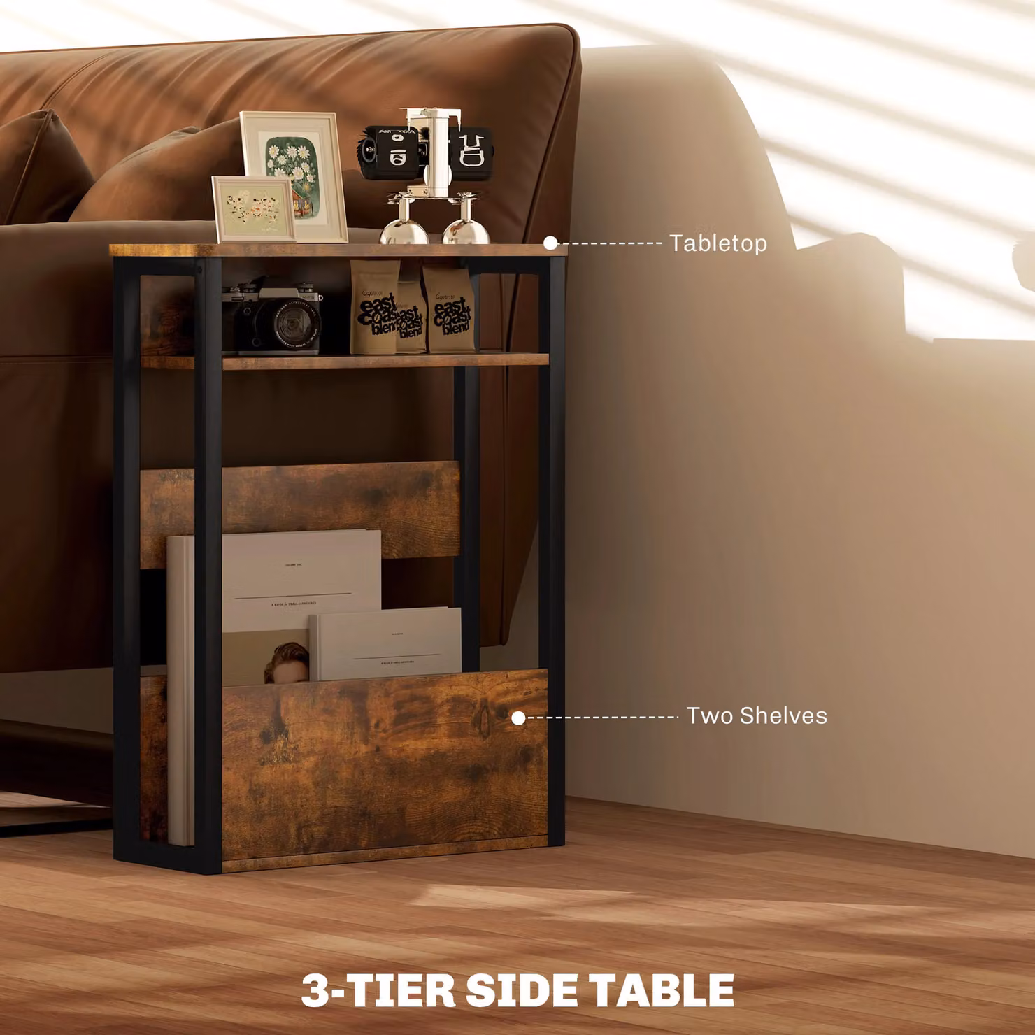 HOMCOM Industrial Narrow Side Table with Storage in Rustic Brown and Black – 3
