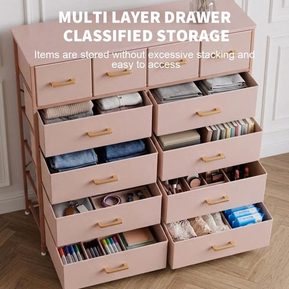 KORVIXA Pink and Gold 12 Drawer Non Woven Chest of Drawers – 3