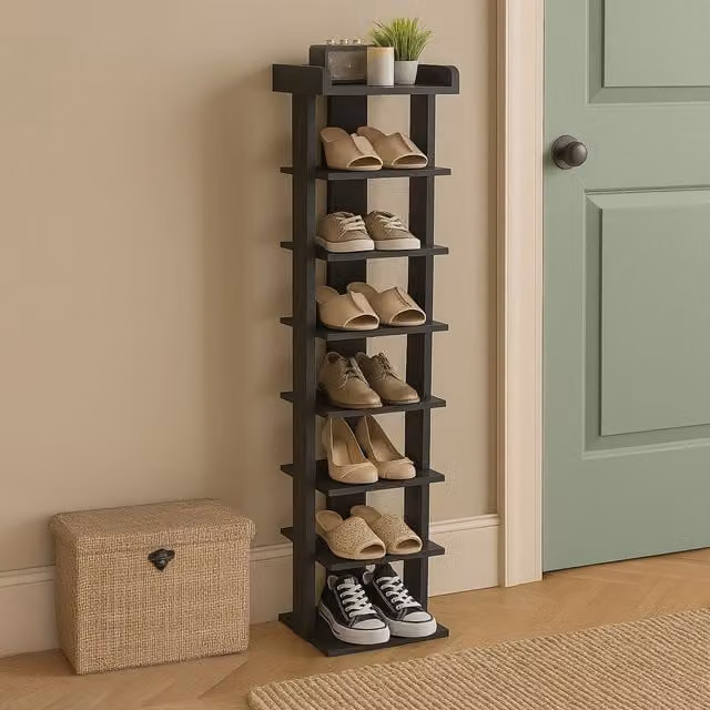 Neo 7 Tier Slim Narrow Wooden Shoe Rack Storage Cabinet in Black