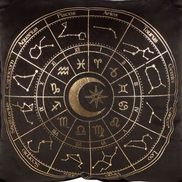 KDMK Celestial Elegance Astrology Wheel Cushion, Black, White and Gold, Diameter: 35 cm