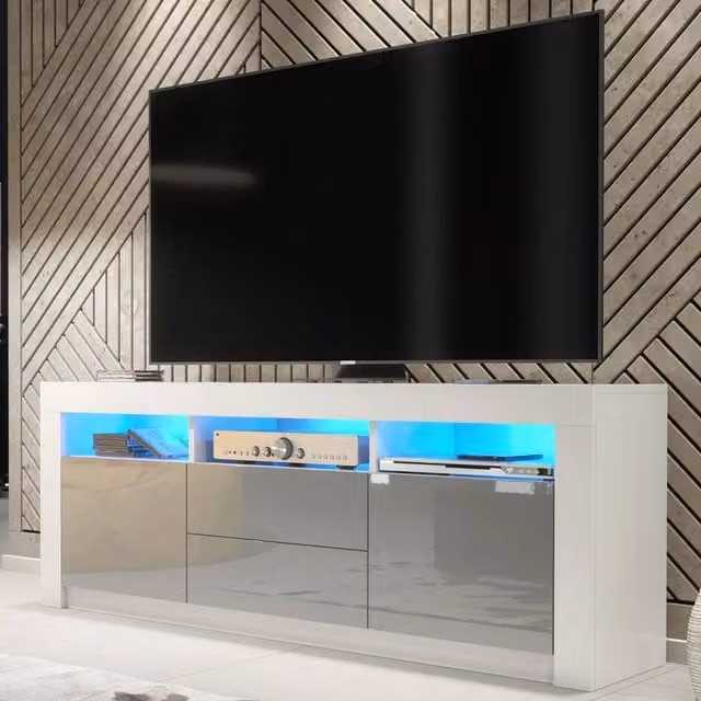 FORGEVIO Modern TV Stand Cabinet with White Matt Body and Grey Gloss Doors