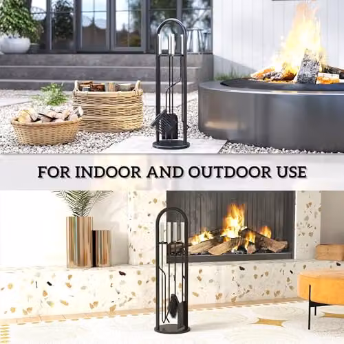 Outsunny 5 Piece Metal Fireplace Companion Set in Silver and Black – 5