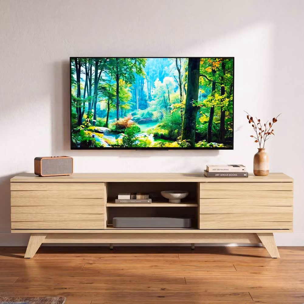 Gymax Mid-Century Wooden TV Stand with 2 Sliding Doors in Beige for TVs up to 55 inch – 8