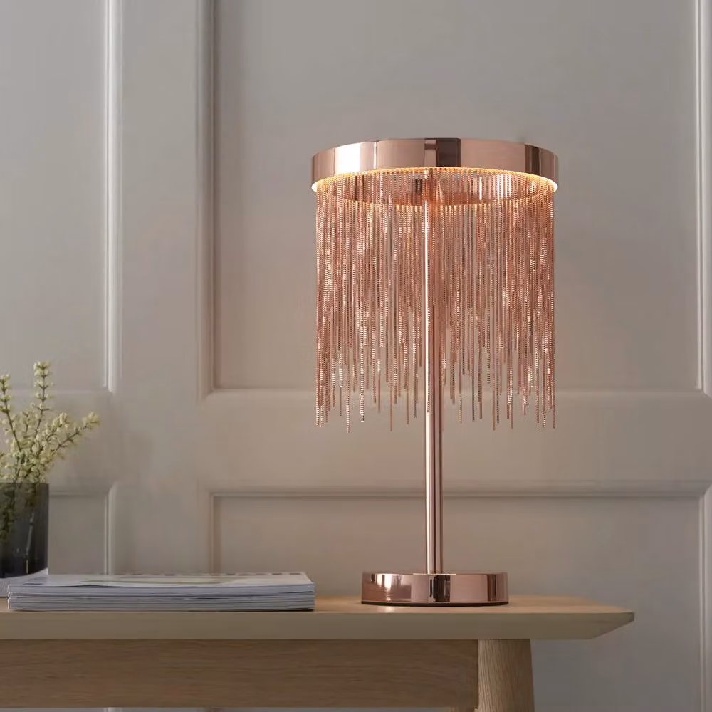 Loops Brushed Copper Table Lamp with Waterfall Chain Shade and Integrated Warm White LED Module – 2