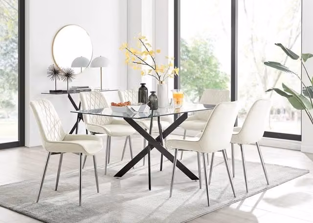 FurnitureboxUK Leonardo Black Leg Glass Dining Table with 6 Pesaro Silver Chairs in Cream