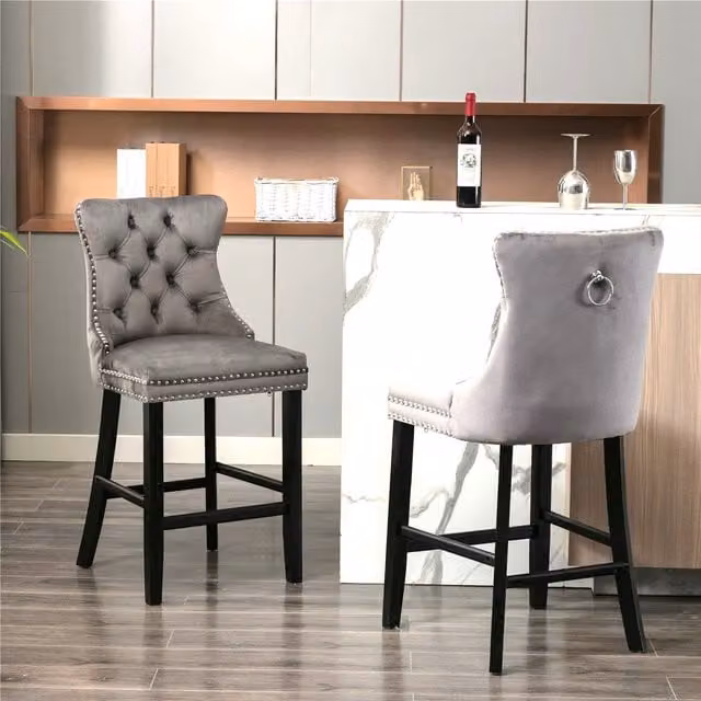 HomeTouch Set of 6 Grey Velvet Kitchen Breakfast Bar Stools with Wooden Legs