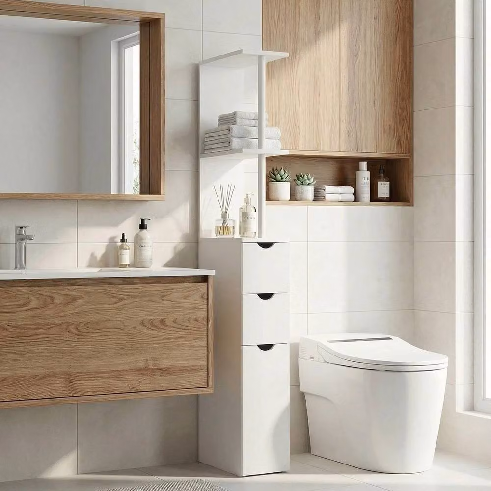 Havendro Tall White Bathroom Cabinet with 2-Tier Shelves and Drawers – 3