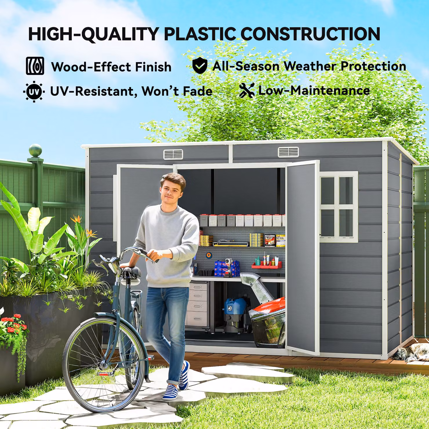 Outsunny Grey Resin Garden Shed with Floor, Windows and Lockable Double Doors, W: 304.8 cm, D: 182.88 cm, H: 170 cm – 6
