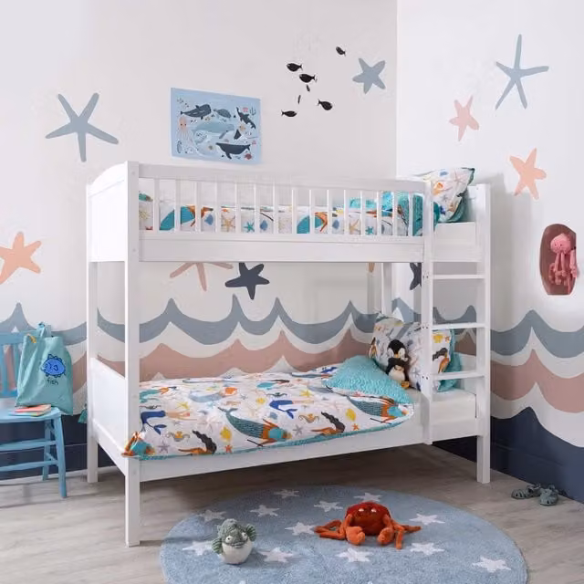 Noa and Nani Lottie Modern Two-Level Bunk Bed in White Solid Pine Wood