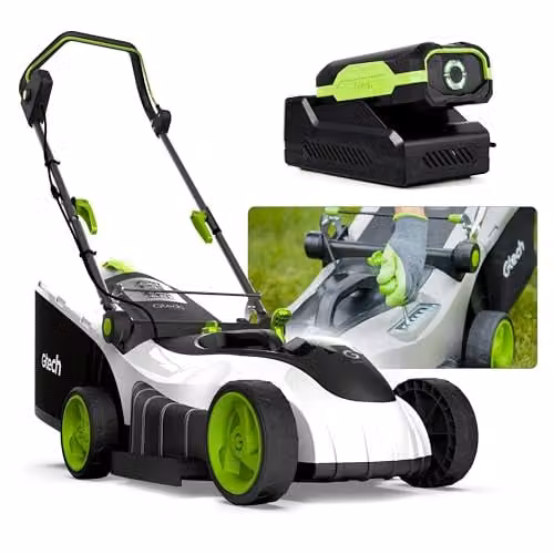 Gtech CLM50 Cordless Lawnmower in White and Green with 48V Rechargeable Battery, 42cm Cutting Width and 50L Grass Box