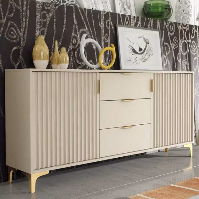 Creative Furniture Tide Crest Sideboard in Cashmere Warm Beige and Gold, W: 140 cm, H: 80 cm, D: 35 cm