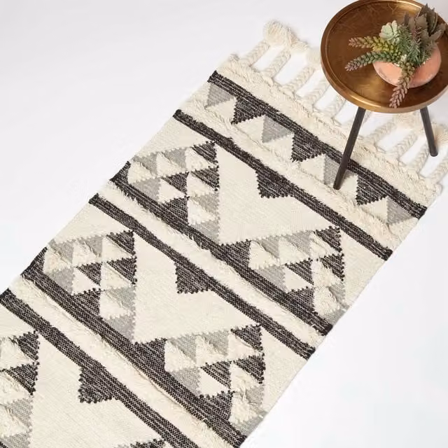 Homescapes Kota Black and Grey Kilim Wool Rug with Fringes, Width: 200 cm