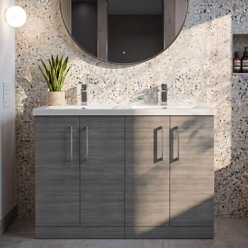 Balterley Level 1200mm Floor Standing 4 Door Bathroom Unit with 2 Basins in Anthracite Grey Woodgrain – 3