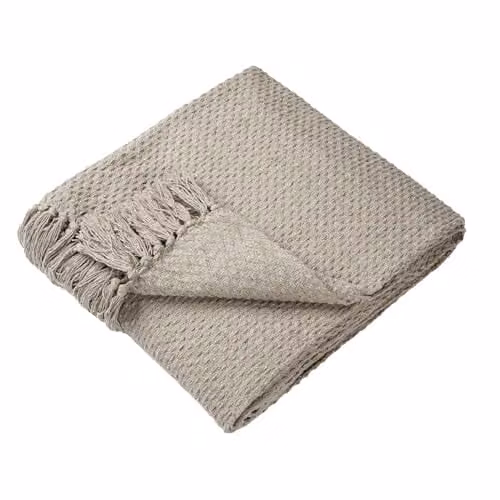 Drift Home Woven Cotton Throw in Beige and Sand with Fringes, W: 200 cm, D: 200 cm, H: 1 cm