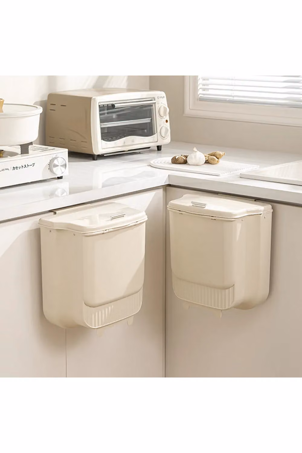 Living and Home Foldable Hanging Kitchen Trash Bin with Flip Lid, Beige Plastic – 2