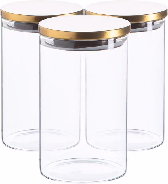 Argon Tableware Scandi Airtight Storage Jars with Gold Metallic Lids, 1 Litre, Set of 3