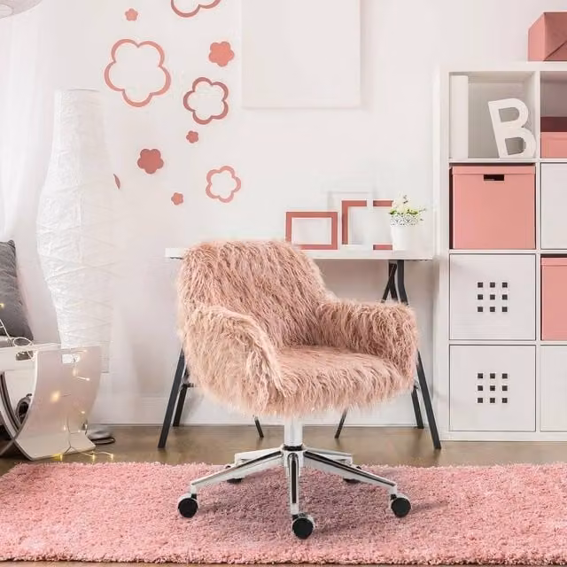 FORGEVIO Pink Faux Fur Office and Vanity Chair with Adjustable Height and Silver Metal Base