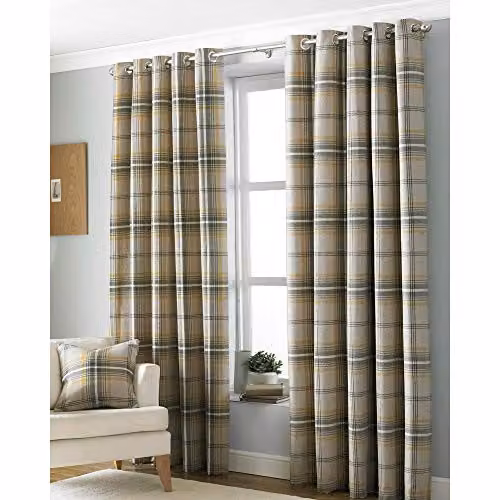 Paoletti Aviemore Yellow Checked Eyelet Curtains (Pair) W/D/H: 117 x 137 cm