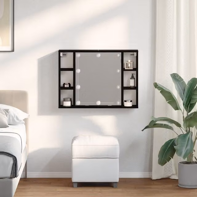 Berkfield Home LED Mirror Cabinet in Black Oak, W/D/H: 76 x 15 x 55 cm – 1