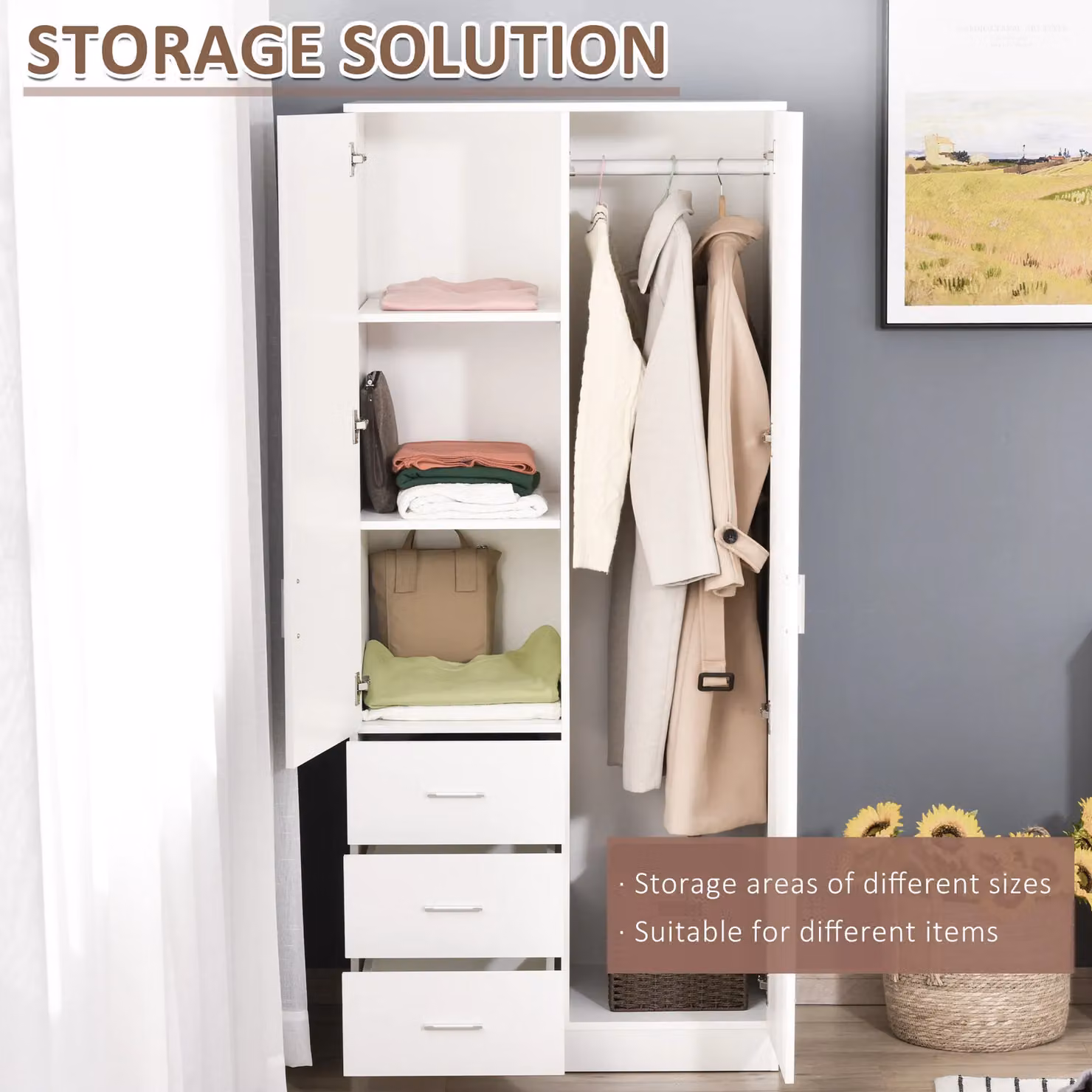 HOMCOM 2 Door Wardrobe with Mirror, 3 Drawers and Adjustable Shelves, White, H 180 x W 80 cm – 3