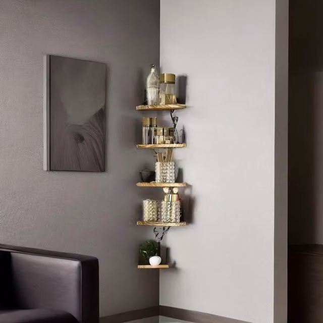 Modcraft 4-Tier Rustic Wood Wall Mounted Floating Corner Shelf in Sand – 1