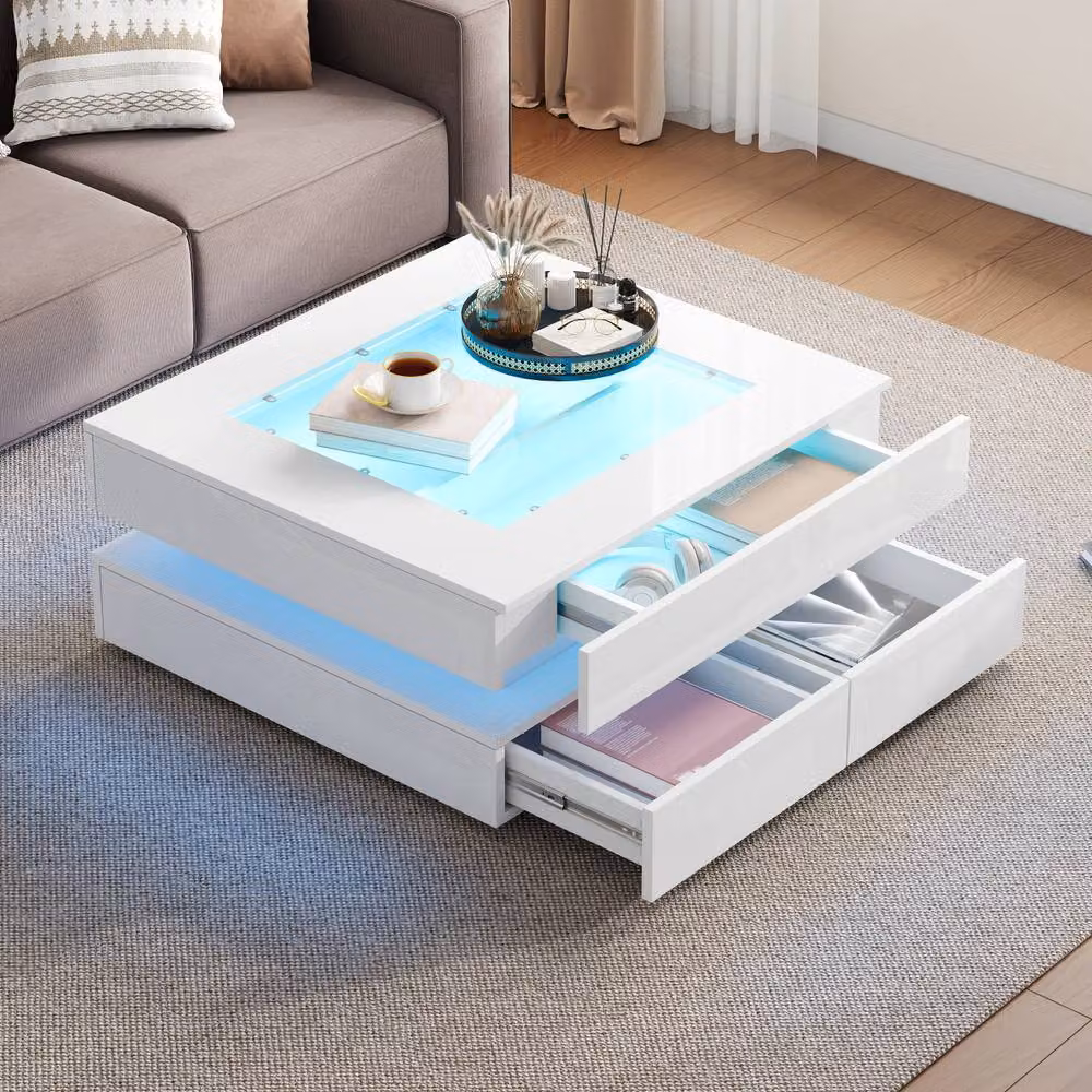 Matteo High-Gloss LED Coffee Table with Glass Top and 3 Drawers, White, W/D/H: 70 x 70 x 35 cm – 2