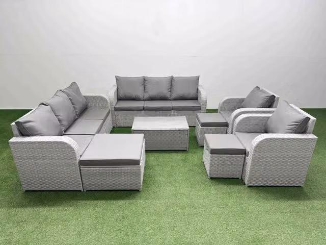 Fimous PE Rattan High Back Lounge Sofa Set in Light Grey with 3 Seater Sofa, Reclining Chair, 3 Stools, Coffee Table and Ottomans