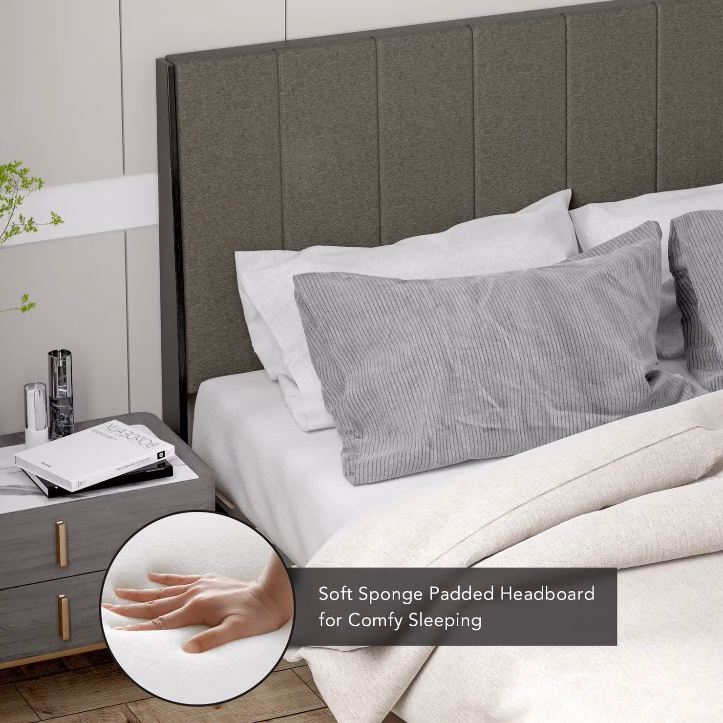 Costway Upholstered Bed Frame with Wooden Slats Support in Grey, 150 x 200 cm – 6
