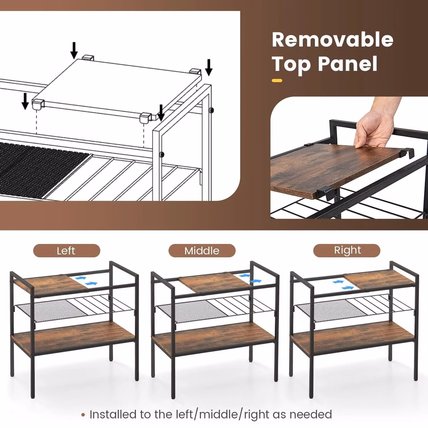 Costway 3-Tier Industrial Entryway Table with Removable Panel and Mesh Shelf in Brown – 4