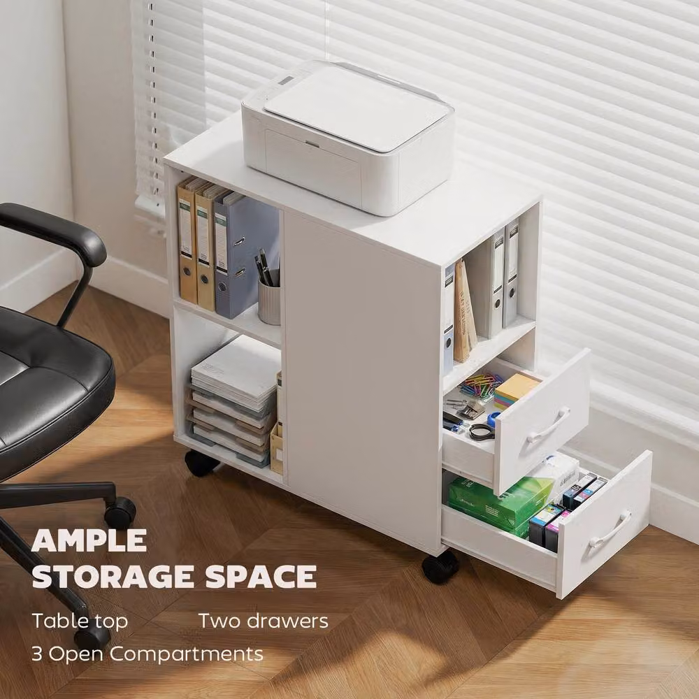 HOMCOM Mobile Printer Table with Drawers and Castors, White – 3