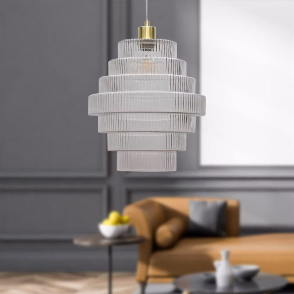 First Choice Lighting Benson Set of 2 Tiered Large Glass Ceiling Pendant Lights in Satin Brass and Clear – 2