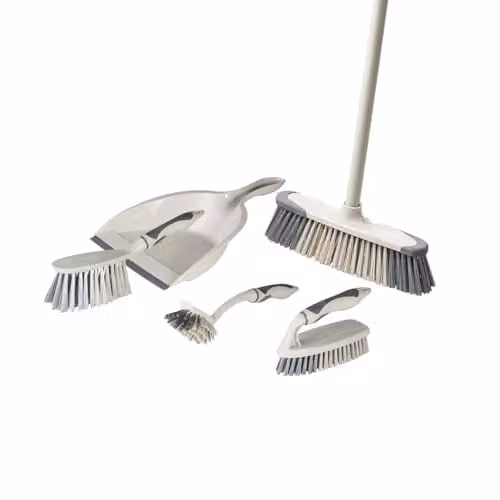 Tower T769002MSH 5-in-1 Cleaning Set with Dustpan, Brush, Kitchen Broom, Dish Brush and Scrub Brush, Grey and Latte – 1