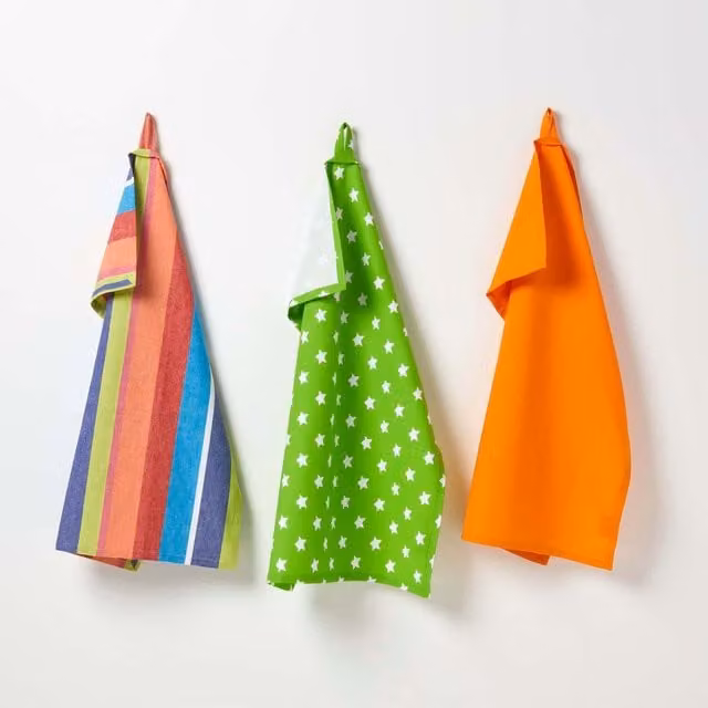 Homescapes Cotton Star Tea Towels, Set of 3, Multicolour Green and Orange