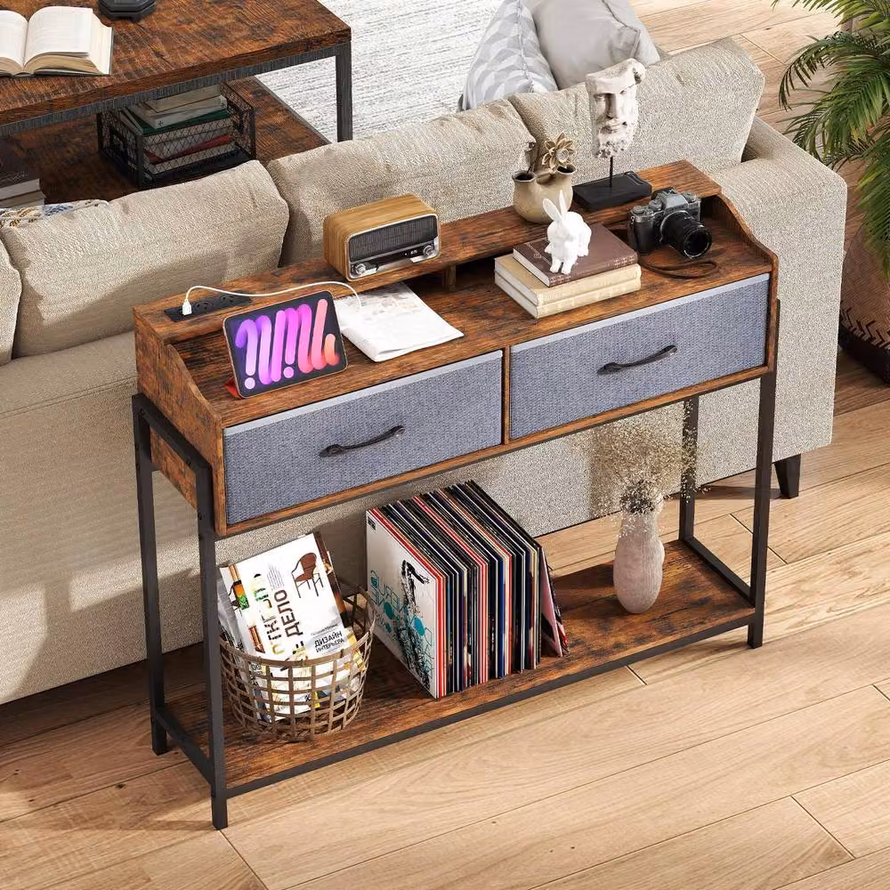 Costway Industrial Brown Console Table with Charging Station for Living Room or Hallway – 7