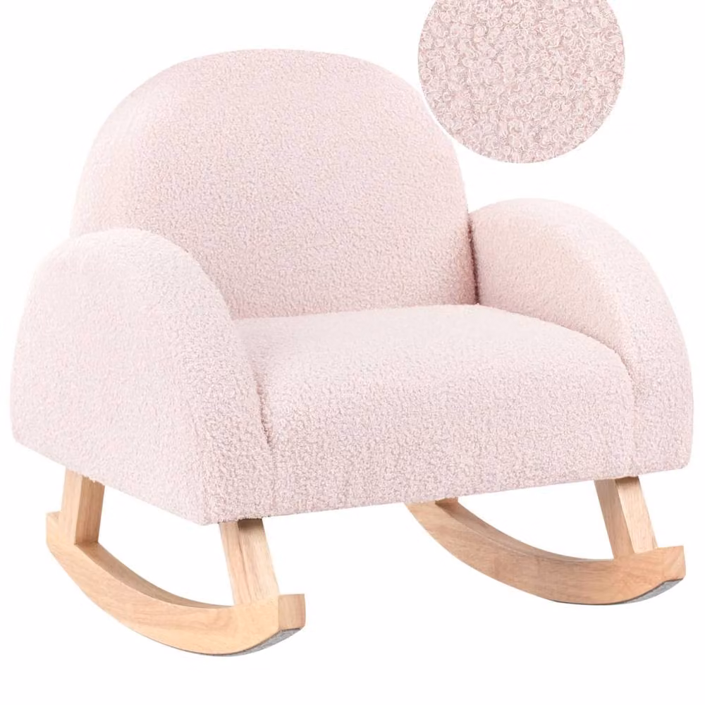 Wyld Haus Pink Bouclé Kids Rocking Chair with Armrests and Solid Rubberwood Frame – 2