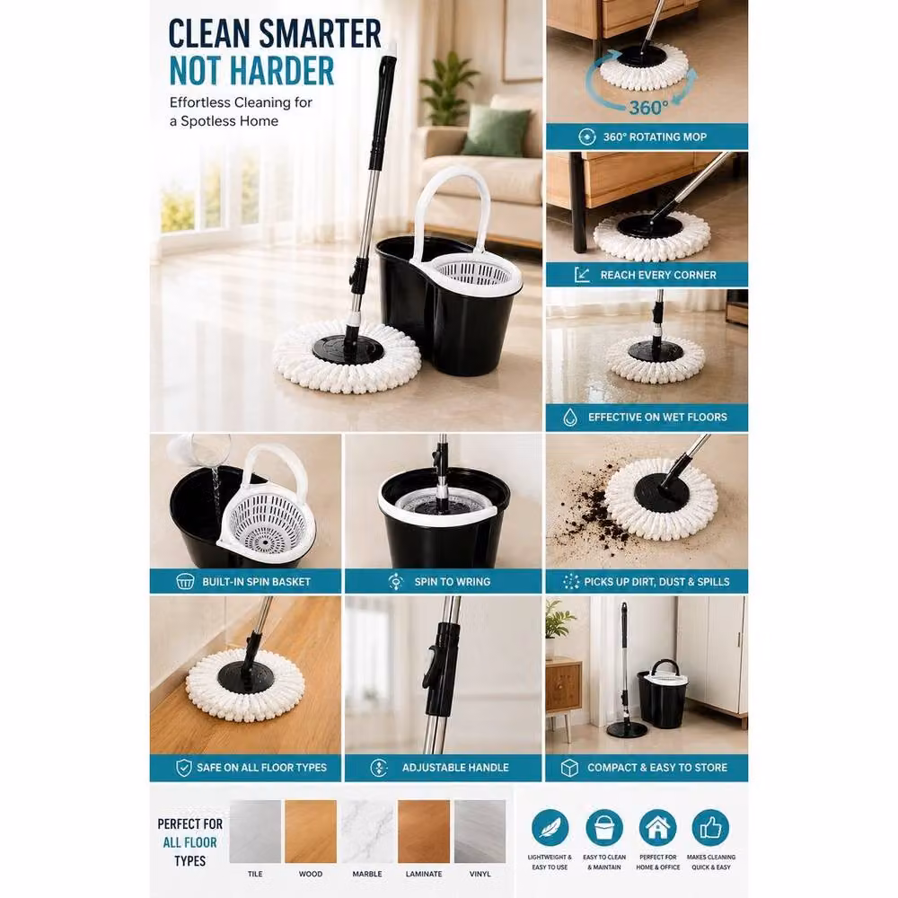 FLAVORA 360 Spin Mop Bucket Set with Wringer and Microfibre Refillable Head in Multicolour and Black – 4