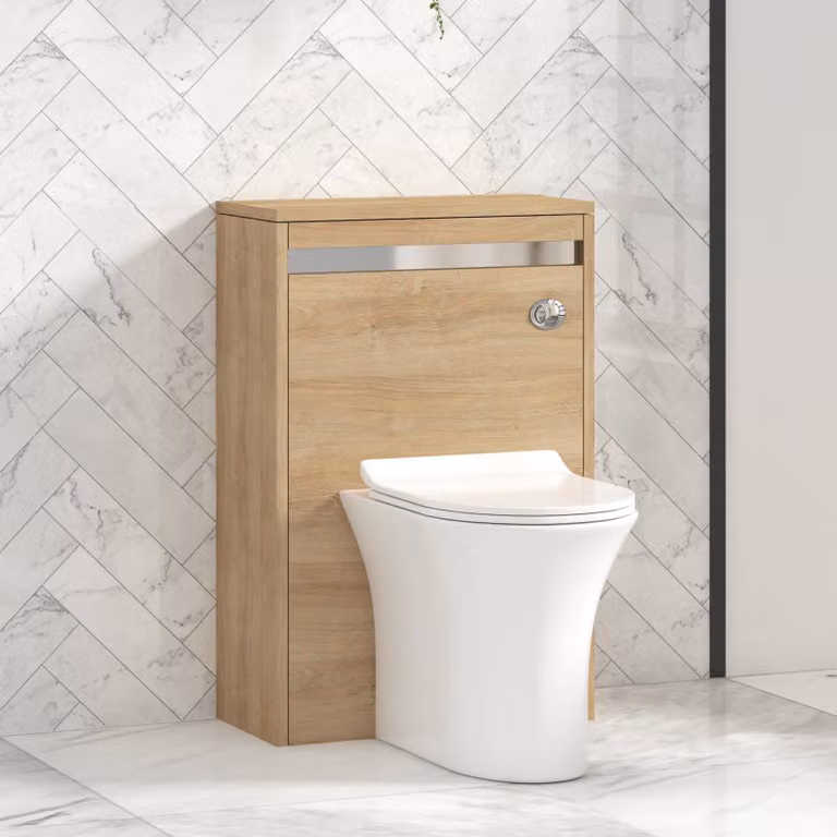 Royal Bathrooms Orion Natural Oak Wall Mounted WC Unit with Breeze Rimless Ceramic Toilet Pan, Slim Seat and Cistern, Chrome Accent Trim