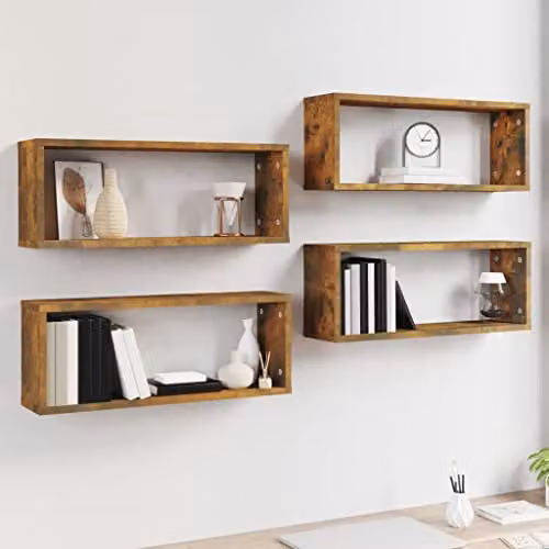 vidaXL Set of 4 Wall Mounted Cube Shelves in Brown Engineered Wood, W: 60 cm, D: 15 cm, H: 23 cm – 3